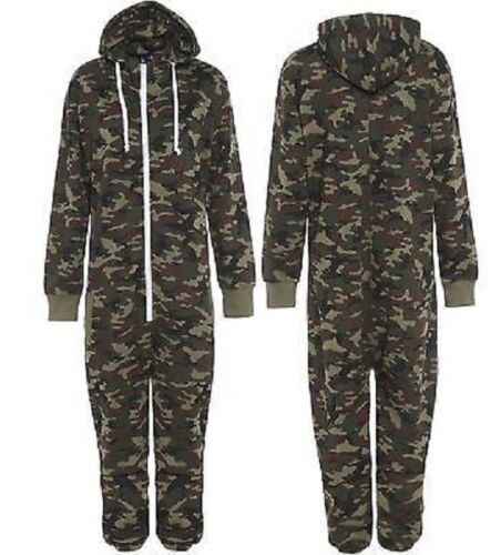 UNISEX MENS ARMY MILITARY PRINT ZIP UP 1ONESIE ALL IN ONE HOODED JUMPSUIT S-XL
