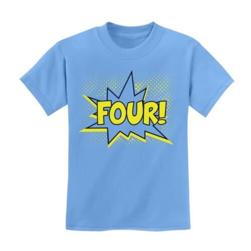 Superhero Fourth Birthday FOUR 4 Years Old Gift Idea Kids T-Shirt Comix Style 