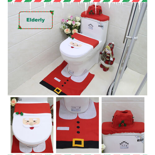 3 PCS Set Christmas Bathroom Decoration Toilet Lid Tank Cover Mat Santa Decor