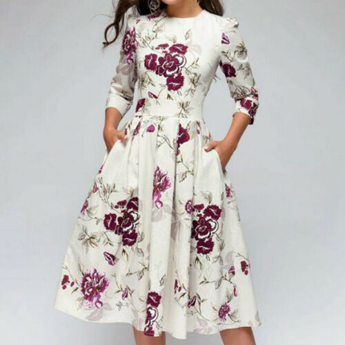 UK Womens Floral Retro Midi Dress Ladies Evening Cocktail Party Formal Prom Gown