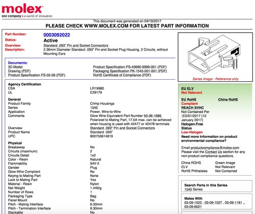 13 Matched Sets 2 Pin Molex Connector Lot w//18-22 AWG .093/" Pins Free Hanging