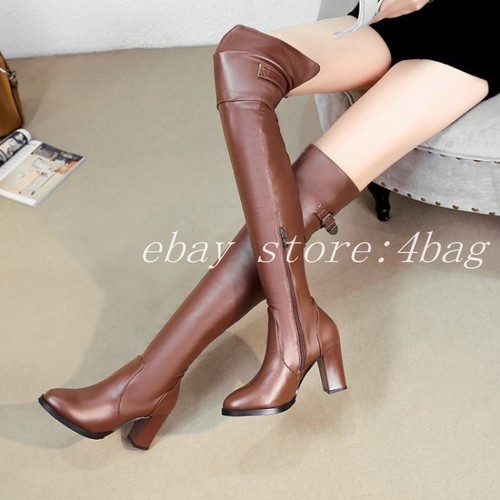 Womens Occident Over Knee Boots Biker Stretchy Block Heels Riding Shoes Buckles
