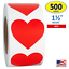 1 1//2/" Diameter 500 per Roll 1.5 inch Red Heart Shaped Sticker Labels