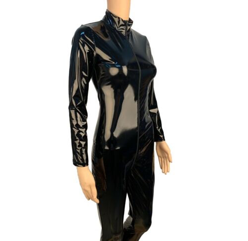 S-5XL señoras de imitación de cuero negro PVC catsuit Mono Wetlook Traje de Baño de 4 vías cremalleras