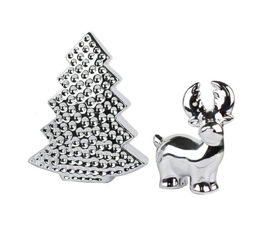 PACK OF 2 Desk Top Christmas Decoration Table Top Silver Tree Reindeer Ornaments
