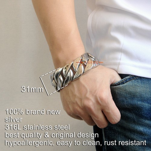 environ 311.84 g Super lourd en acier inoxydable argent Cubain Curb Link Chain Homme Bracelet 31 mm 11 Oz