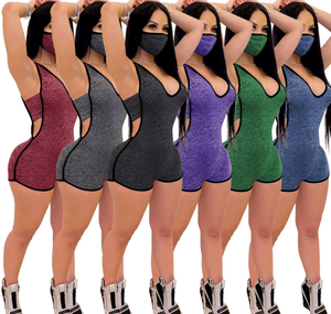 Summer Solid V neck Sleeveless Short Pants Sporty Romper Clubwear Jumpsuit Women