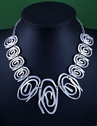 Modern Quirky Matt Silver Beaten Abstract Swirl Design Statement Necklace
