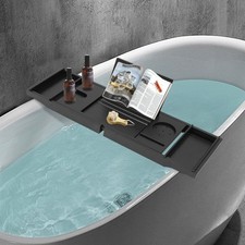 Bathtub Telescopic Frame Bamboo Wood Bathtub Tray 75-110cm Extendable Black