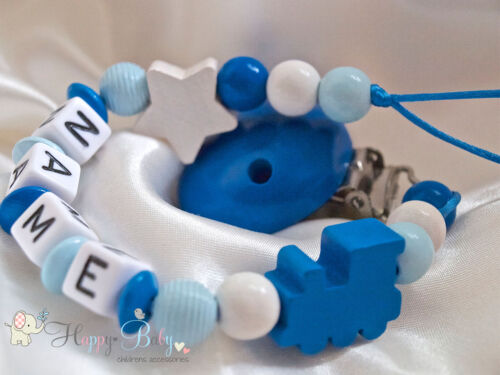 baby shower GIFT BLUE TRAIN Personalised Wooden Dummy Clip//Chain for Boy