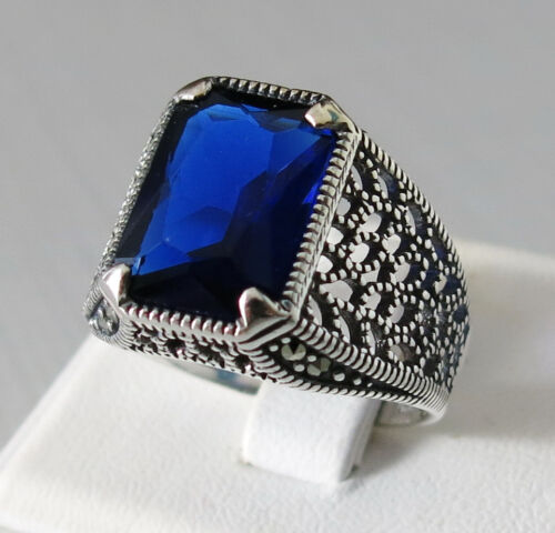 Handgemacht Türkische 925 Sterlingsilber Saphir Stein Mode Herren Ring #C31