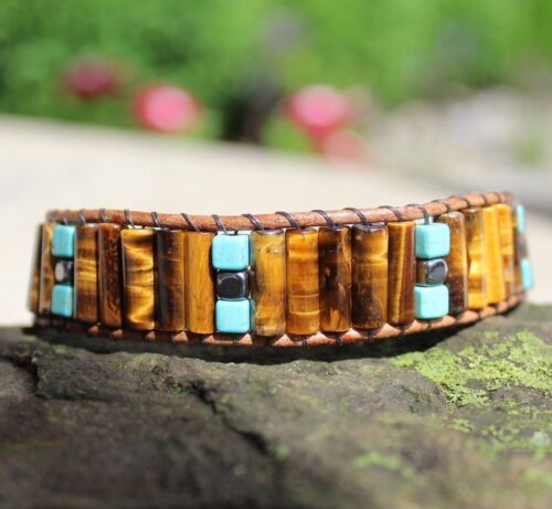 Men/'s Tiger Eye and Turquoise Beaded Brown Leather Bracelet handmade USA