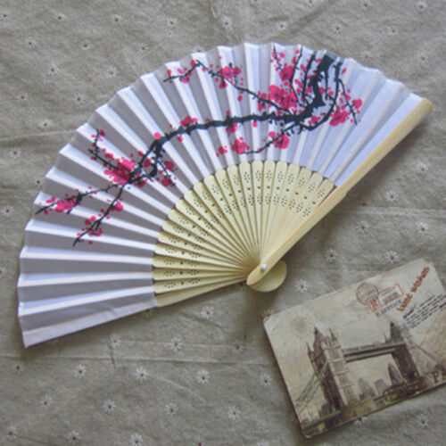 Unqiue Chinese Folding Hand Fan Japanese Cherry Blossom Design Silk Costume RS