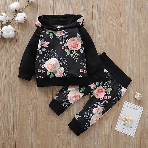 Baby Girls Children Hooded Flower Pattern Top+Pant 2PCS Outfits Set 0-24 Months