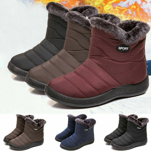 Ladies Fur Lined Snow Ankle Boots Wide Fit Casual Wedge Slip On Flats Warm Shoes