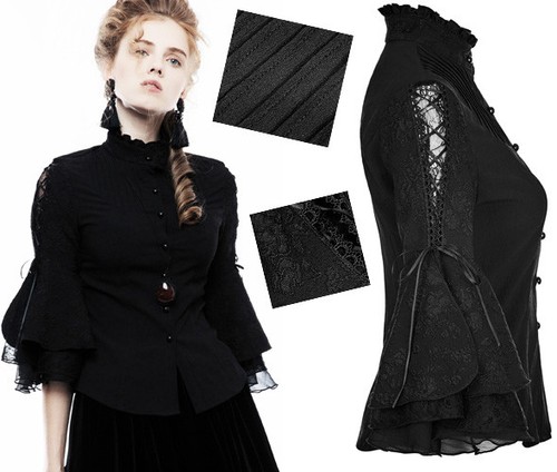 Bluse Ausgestellte Ärmel Gothic Lolita Barock Mode Stickerei Spitze Punkrave