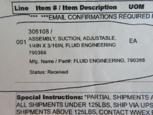NEW PROMINENT 306108 ASSEMBLY SUCTION ADJUSTABLE 1/4"X3/16" FLUID ENGINEERING 