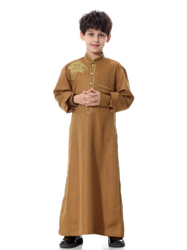Muslim Kids Boy Qatari Collar Kaftan Thobe Arab Robes Dress Islamic Maix Clothes 