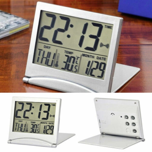 Argent LCD Horloge Numérique Réveil Digital Réveil Réveil De Voyage Avec Thermomètre Tisc j6u2
