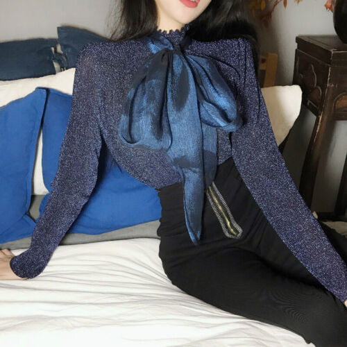 Details about   Lady Bow Tie Blouse Shiny Glitter Pullover Tops T-shirts Ruffle Slim Fit Fashion 