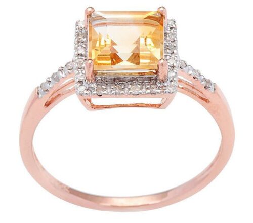 10k Rose Gold 1.65ct Square Citrine and Pave Diamond Ring