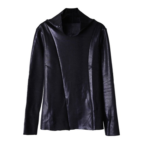 Mens PU Leather Warm Long Sleeve Pullover Shirts Punk Black Hoodie Tops Sz