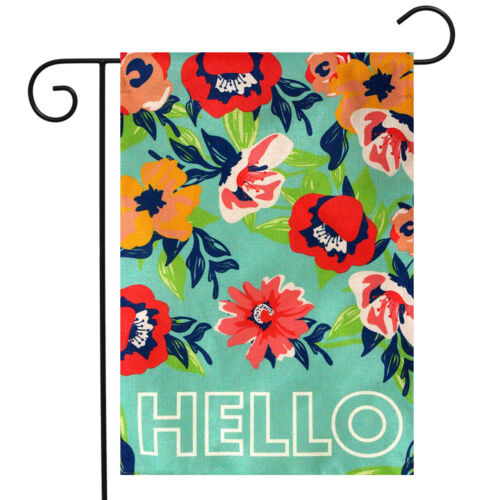 Hello Floral Spring Burlap Garden Flag Flowers Double-Sided 12.5" x 18" 