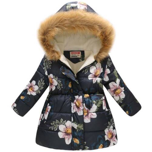 Kids Girls Winter Warm Padded Parka Coat Hoodie Fur Hooded Puffer Jacket 4-11Yrs