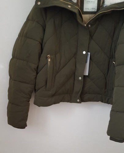ZARA KHAKI SHORT ANORAK PUFFER COAT//JACKET WITH FLEECE COLLAR BNWT SIZE L