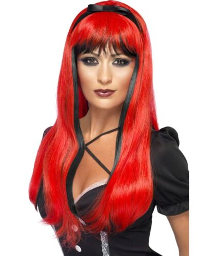 Bewitching Wig Halloween Witch Red Silver On Black Womens Fancy Dress Costume