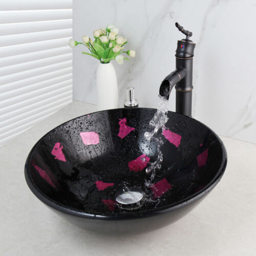 Purple Round Basin Tempered Glass Oil Rubbed Brozne Waterfall Spout Faucet Combo 