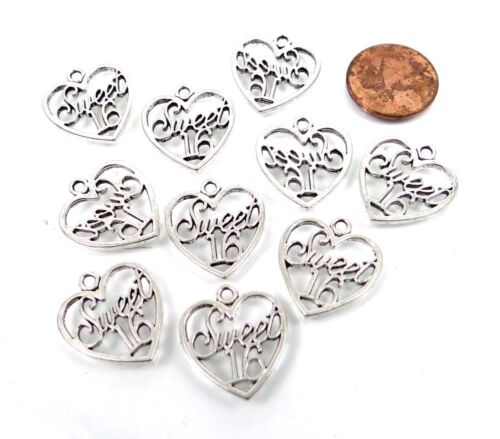 10  Antique Silver Pewter Sweet 16 Charms Filigree Hearts 22x19mm 