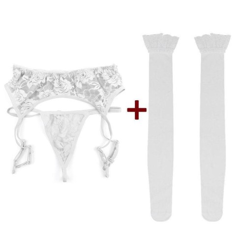 Strumpfgürtel aus Spitze mit passendem GString transparenter Oberschenkelstrumpf