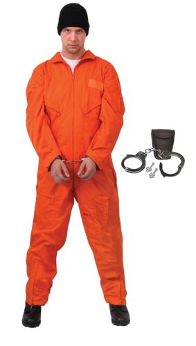 Convict's Uniform and Handcuffs S-3X Adult's Inmate Prisoner Halloween Costume 