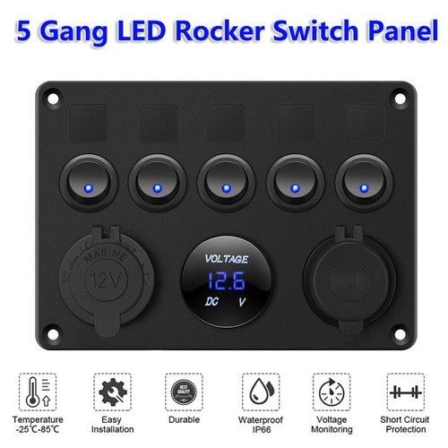 5 Gang 12V//24V Car Boat Truck LED Switch Light Control Panel Dual USB Charger*