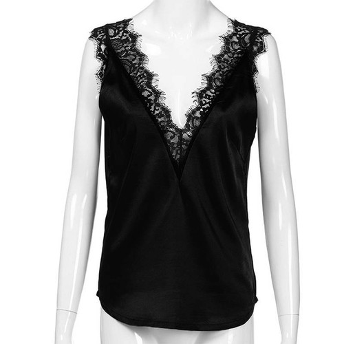 Women Fitness Green Black Lace Trim Double V Neck Satin Silk Sleeveless Shirts