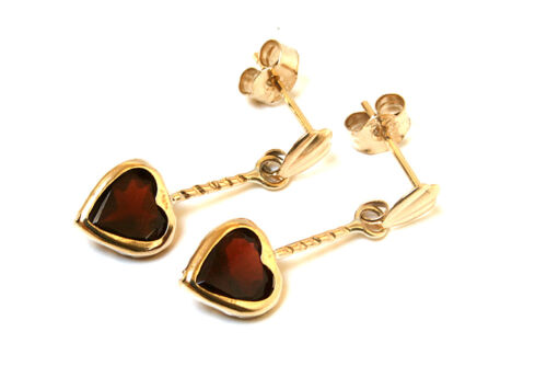 9ct Gold Garnet Heart Drop dangly earrings Gift Boxed Made in UK 