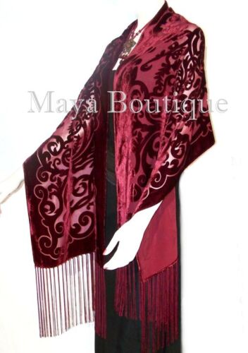 Maya Matazaro Shawl Wrap Scarf Burnout Velvet Art Nouveau Deep Red Fringed