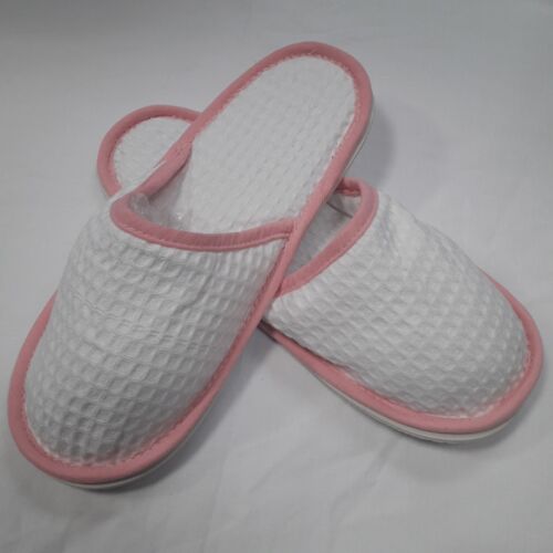 CLEARANCE WOMENS PINK TRIM WHITE WAFFLE HOTEL SPA SLIPPERS CLOSED TOE 29CM LOT 