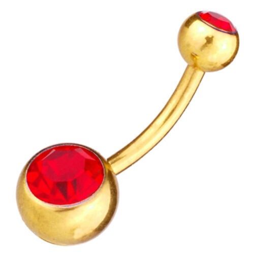 Body Jewellery Belly Bar Banana Navel Piercing Gold Plated Red Stones