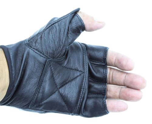 Black Mens Lightweight Heavy Duty Thick Leather Fingerless Riding Gloves