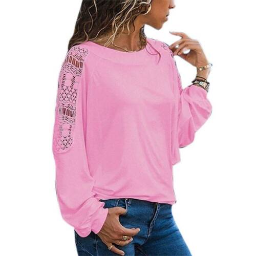 Ladies Women Autumn Lace Hollow Long Sleeve Casual T-shirt Tops Blouse Size 8-22