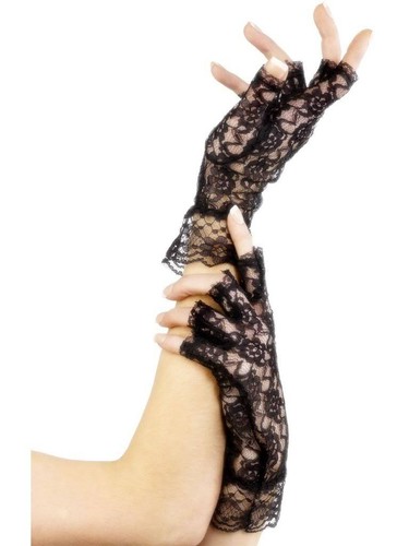 Ladies Black White Lace Fingerless Gothic Halloween Fancy Dress Costume Gloves