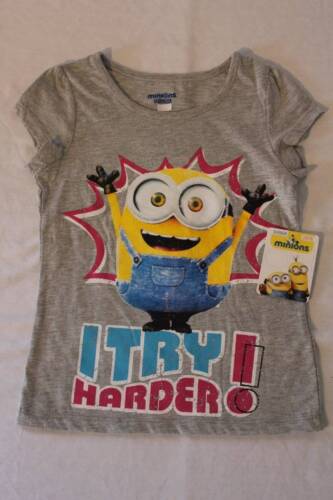 NEW Girls T-Shirt Size XS 4-5 Disney Minions Gray Graphic Top I Try Harder NWT