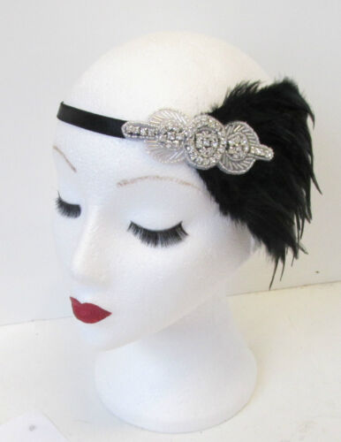 Black & Silver Feather Headpiece Flapper Vintage 1920s Great Gatsby Headband M93 