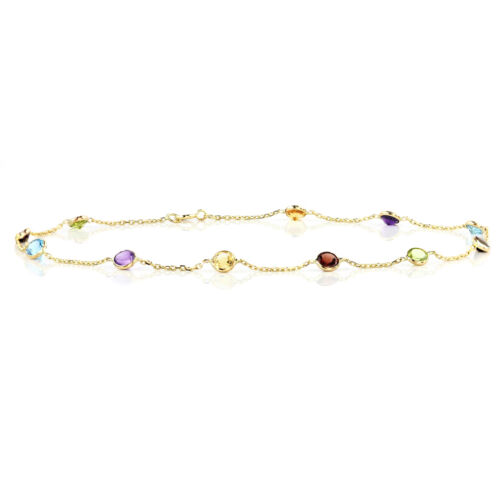 14K Yellow Gold Bracelet With Round Multi-Color Gemstones 7 Inches