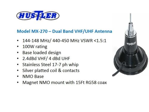 HUSTLER MX-270 DUAL BAND VHF UHF 144//440MHz ANTENNA NMO MAGNETIC MOUNT /& CABLE