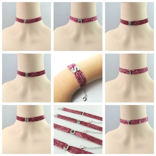 NUOVO ARRIVO ROSA GLITTER girocollo /& Braccialetto con design iniziale per adulti