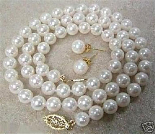 Boucles d/'oreilles Set AAA 8 mm Blanc South Sea Shell Perle 14K Plaqué or Collier 18/"