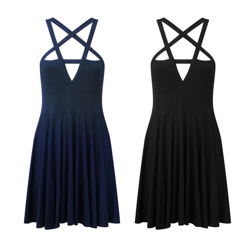 Women/'s Gothic Pentagram Strappy Skater Mini Party Dress Lace UP Party Sundress